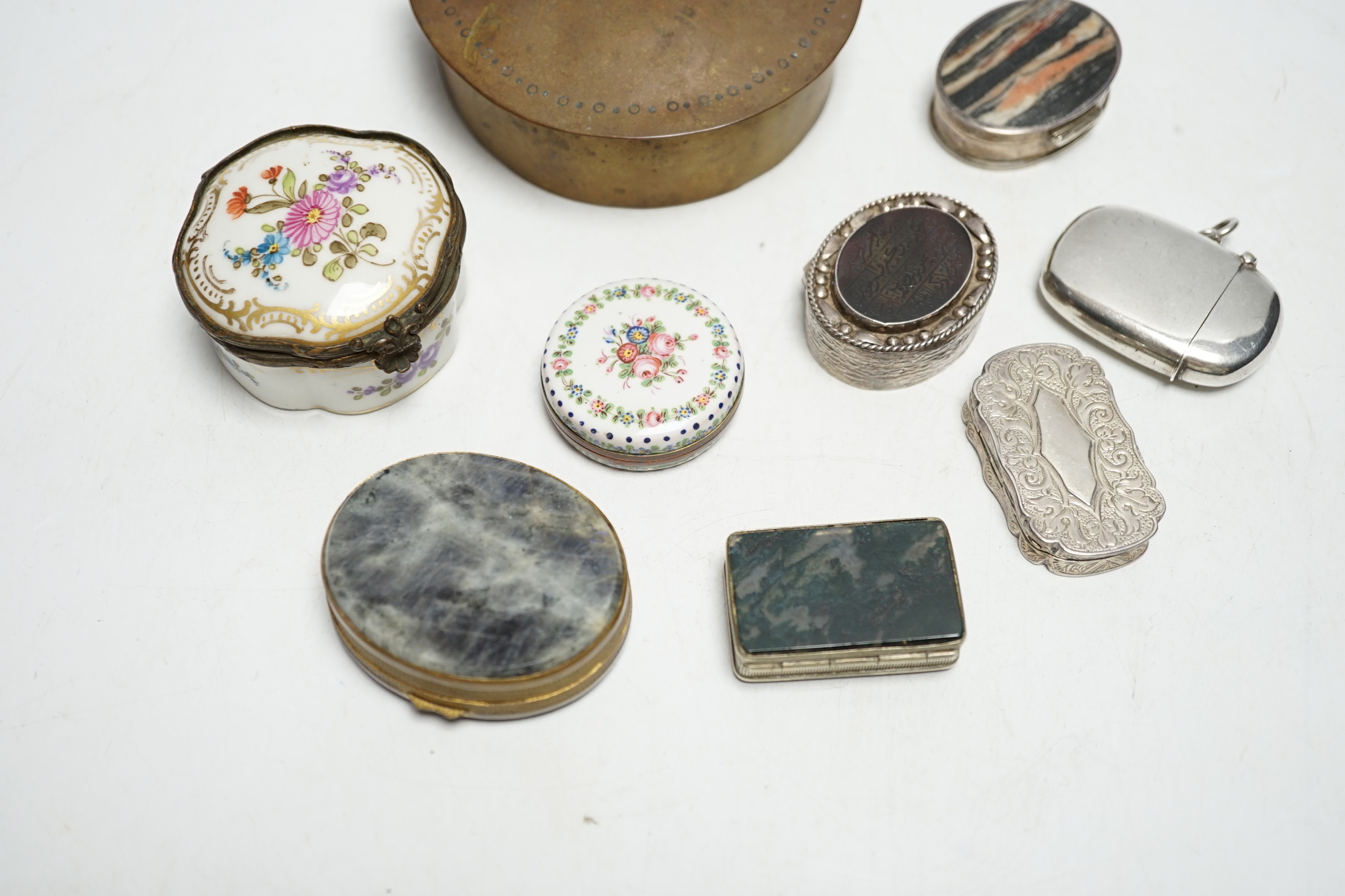 Nine assorted 19th century and later boxes, including painted porcelain, hardstone set, copper, moss agate set, a silver vesta case and silver vinaigrette (lacking grille).